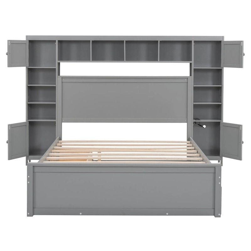 Lit Queen Size en Bois avec Armoire Tout-en-un et Prises Intégrées