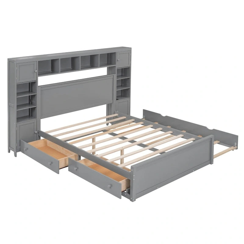 Lit Queen Size en Bois avec Armoire Tout-en-un et Prises Intégrées