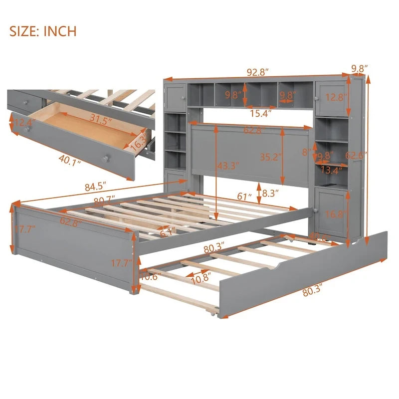 Lit Queen Size en Bois avec Armoire Tout-en-un et Prises Intégrées