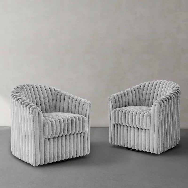 Fauteuil tonneau pivotant capitonné à fines rayures