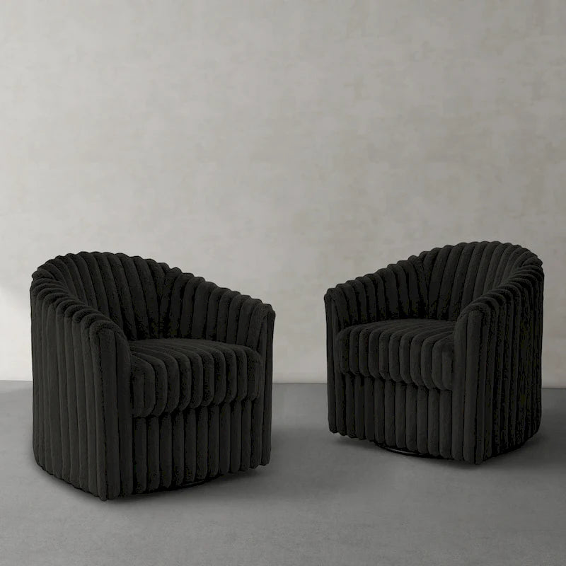 Fauteuil tonneau pivotant capitonné à fines rayures