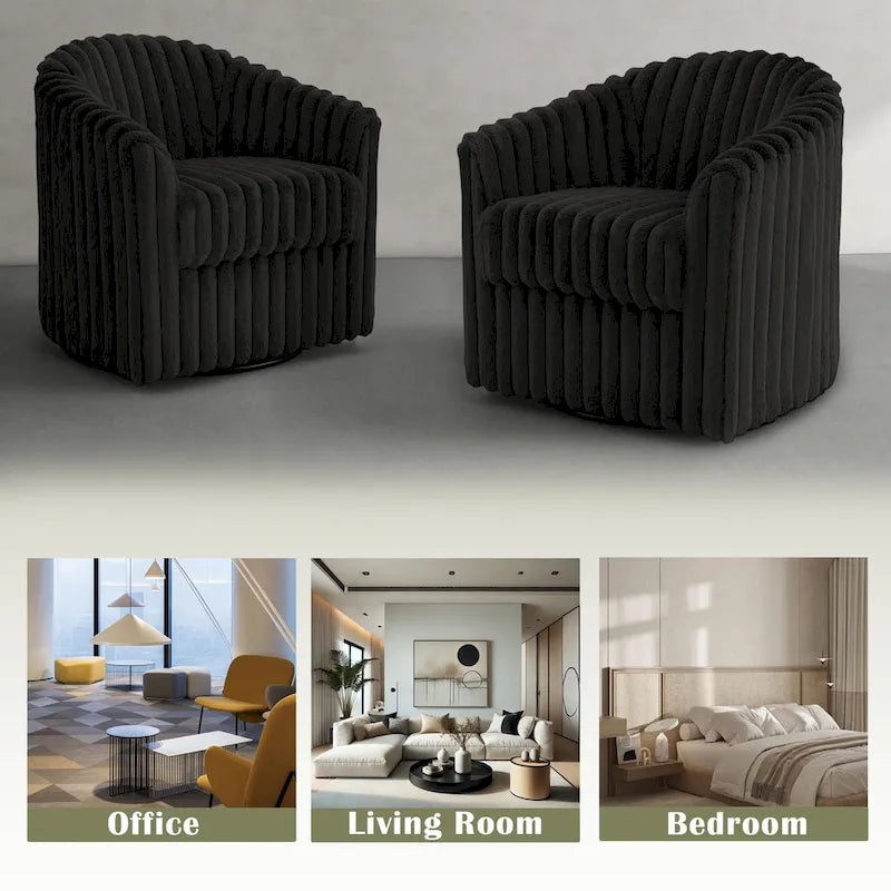 Fauteuil tonneau pivotant capitonné à fines rayures