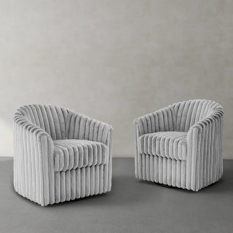 Fauteuil tonneau pivotant capitonné à fines rayures