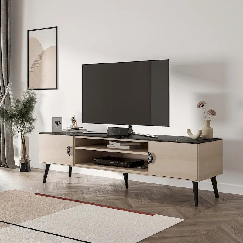 Meuble TV Mid-Century Moderne 180 cm avec Portes à Fermeture Amortie
