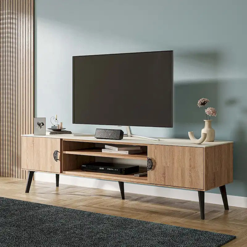 Meuble TV Mid-Century Moderne 180 cm avec Portes à Fermeture Amortie