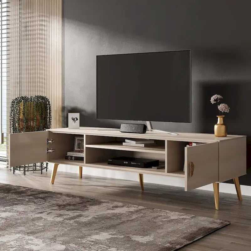 Meuble TV Mid-Century Moderne 180 cm avec Portes à Fermeture Amortie