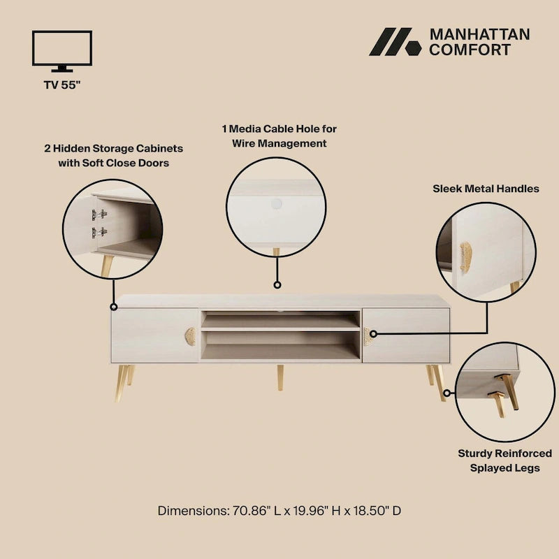 Meuble TV Mid-Century Moderne 180 cm avec Portes à Fermeture Amortie