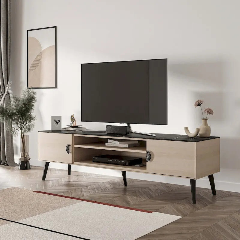 Meuble TV Mid-Century Moderne 180 cm avec Portes à Fermeture Amortie