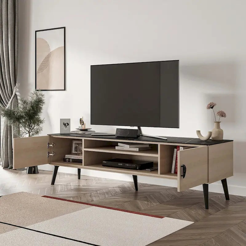 Meuble TV Mid-Century Moderne 180 cm avec Portes à Fermeture Amortie