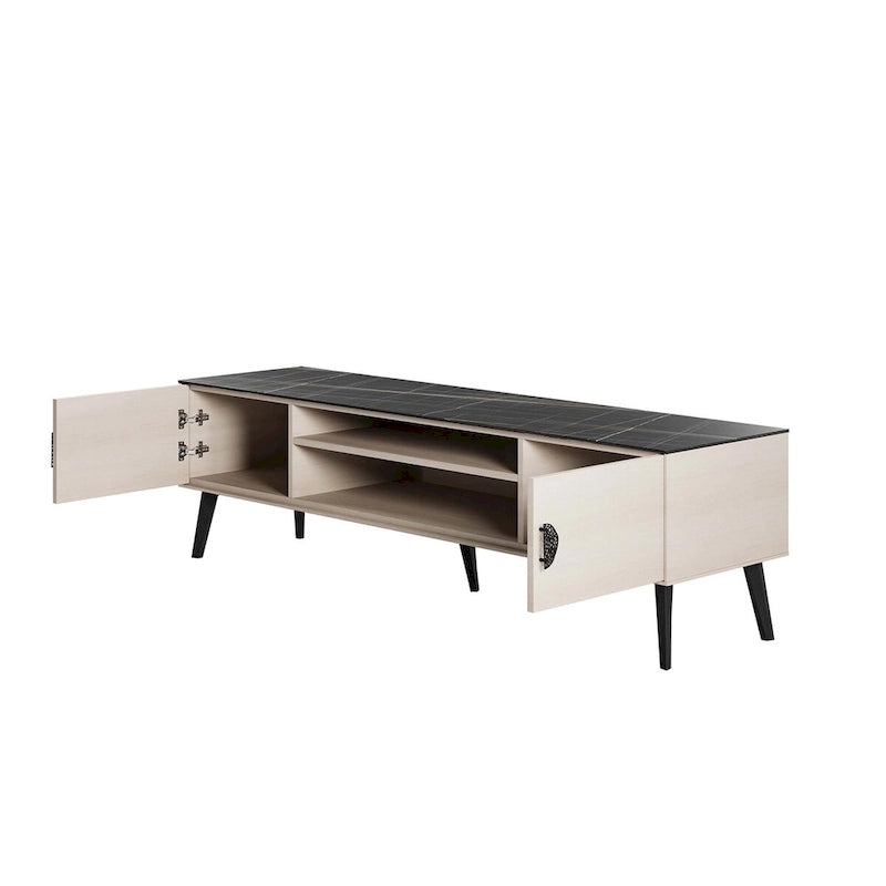 Meuble TV Mid-Century Moderne 180 cm avec Portes à Fermeture Amortie