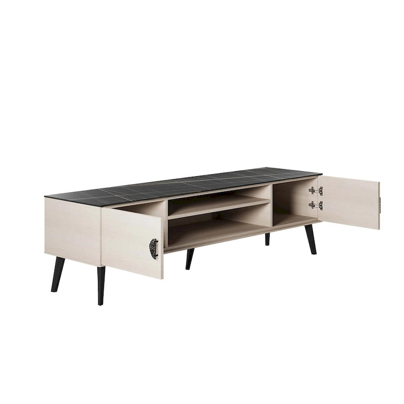 Meuble TV Mid-Century Moderne 180 cm avec Portes à Fermeture Amortie