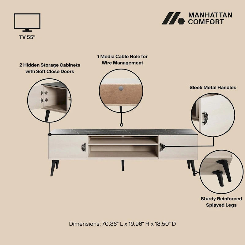Meuble TV Mid-Century Moderne 180 cm avec Portes à Fermeture Amortie