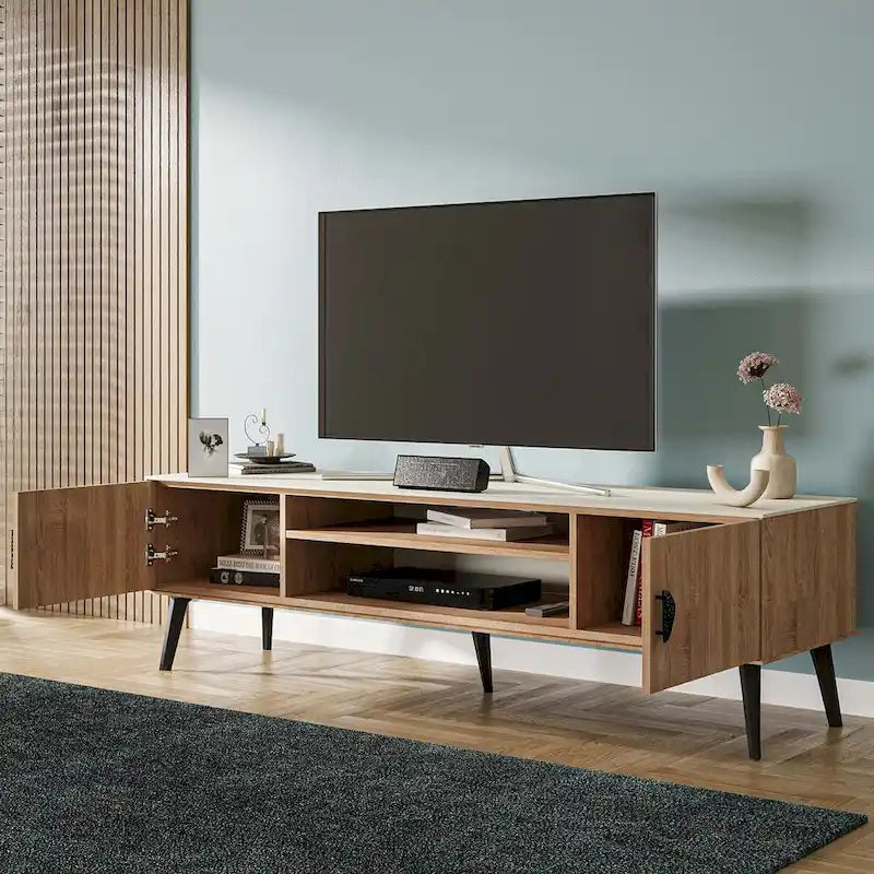 Meuble TV Mid-Century Moderne 180 cm avec Portes à Fermeture Amortie