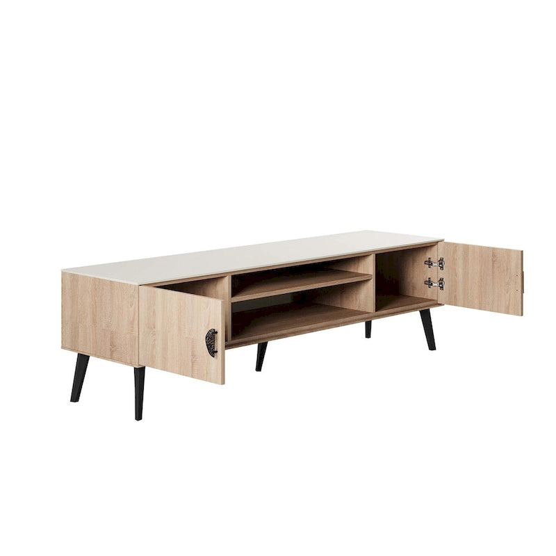 Meuble TV Mid-Century Moderne 180 cm avec Portes à Fermeture Amortie