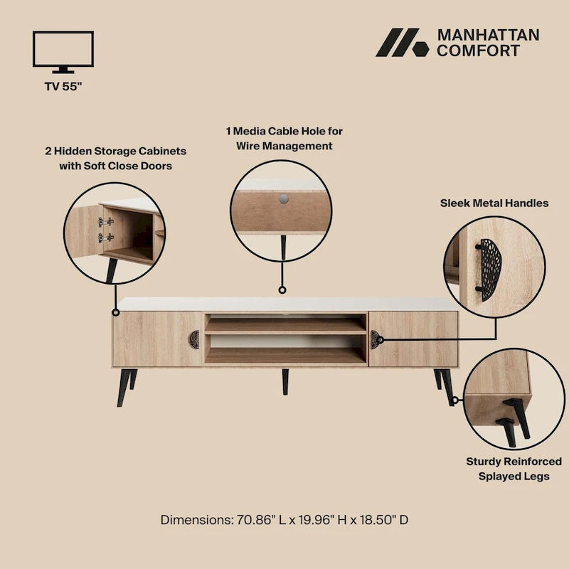 Meuble TV Mid-Century Moderne 180 cm avec Portes à Fermeture Amortie
