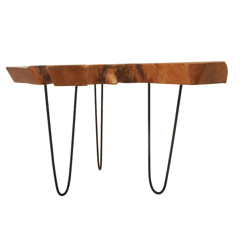 Table basse en teck massif à bord brut, faite à la main, avec des pieds en épingle en métal noir