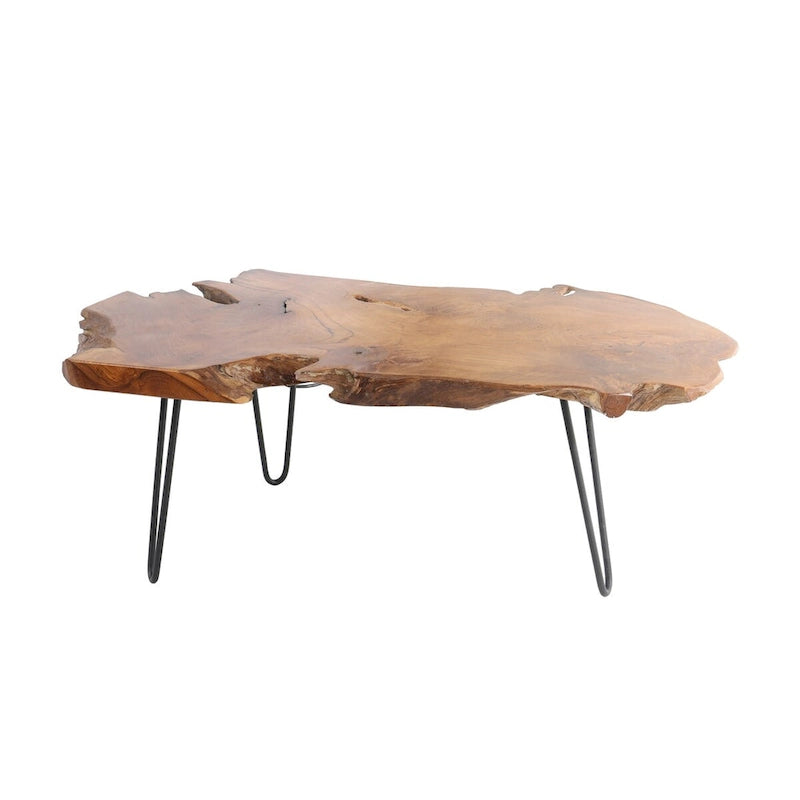 Table basse en teck massif à bord brut, faite à la main, avec des pieds en épingle en métal noir