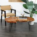 Table basse en teck massif à bord brut, faite à la main, avec des pieds en épingle en métal noir