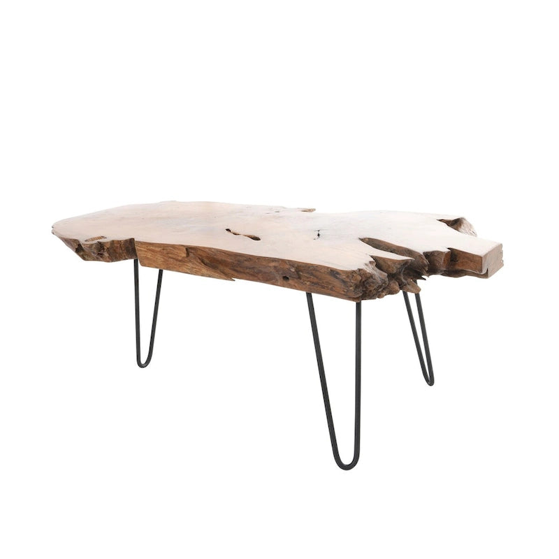 Table basse en teck massif à bord brut, faite à la main, avec des pieds en épingle en métal noir
