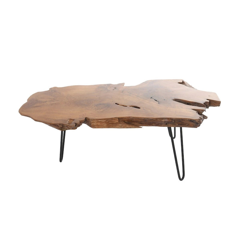 Table basse en teck massif à bord brut, faite à la main, avec des pieds en épingle en métal noir