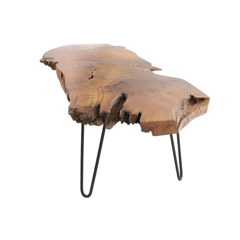Table basse en teck massif à bord brut, faite à la main, avec des pieds en épingle en métal noir