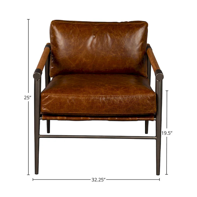 Fauteuil d'appoint en cuir pleine fleur couleur chocolat avec accoudoirs en chêne