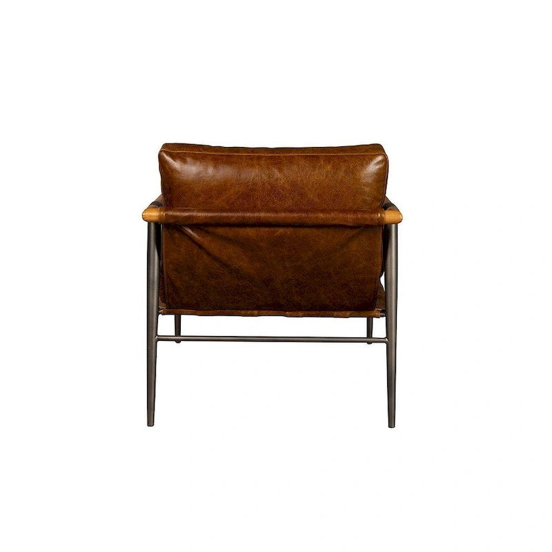 Fauteuil d'appoint en cuir pleine fleur couleur chocolat avec accoudoirs en chêne