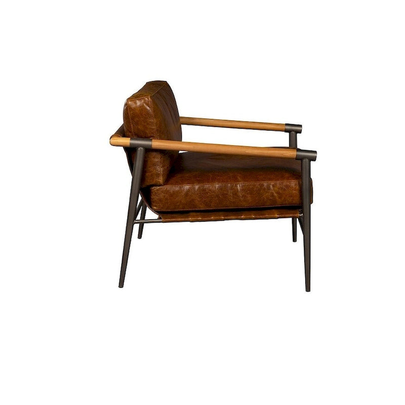 Fauteuil d'appoint en cuir pleine fleur couleur chocolat avec accoudoirs en chêne