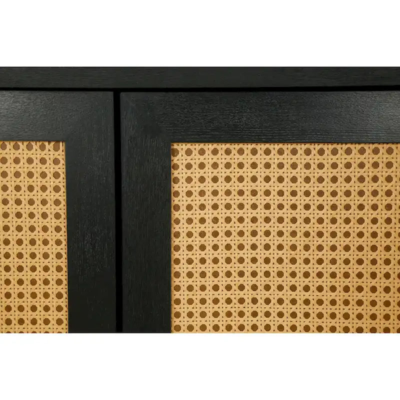 Buffet en rotin noir avec panneaux en grain de bois de qualité supérieure fabriqués à la main, 4 portes en rotin et étagères réglables