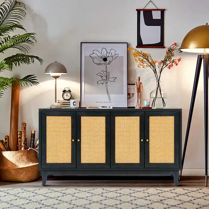 Buffet en rotin noir avec panneaux en grain de bois de qualité supérieure fabriqués à la main, 4 portes en rotin et étagères réglables