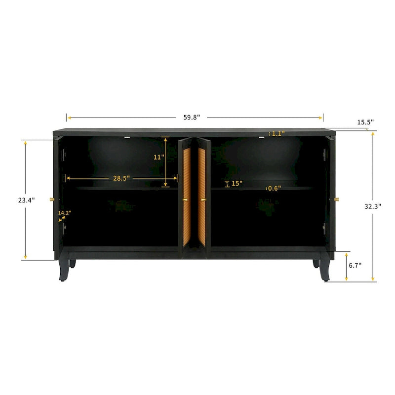 Buffet en rotin noir avec panneaux en grain de bois de qualité supérieure fabriqués à la main, 4 portes en rotin et étagères réglables