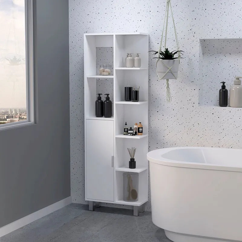 Meuble de salle de bain moderne à 9 étagères, blanc, pour le linge de maison