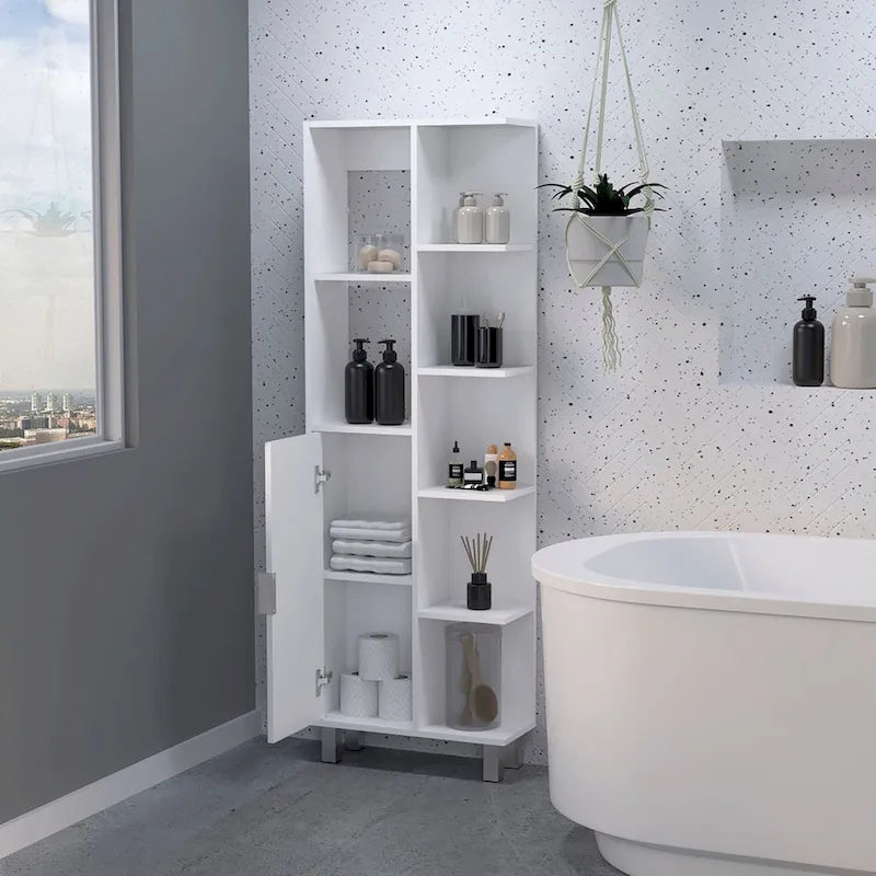 Meuble de salle de bain moderne à 9 étagères, blanc, pour le linge de maison
